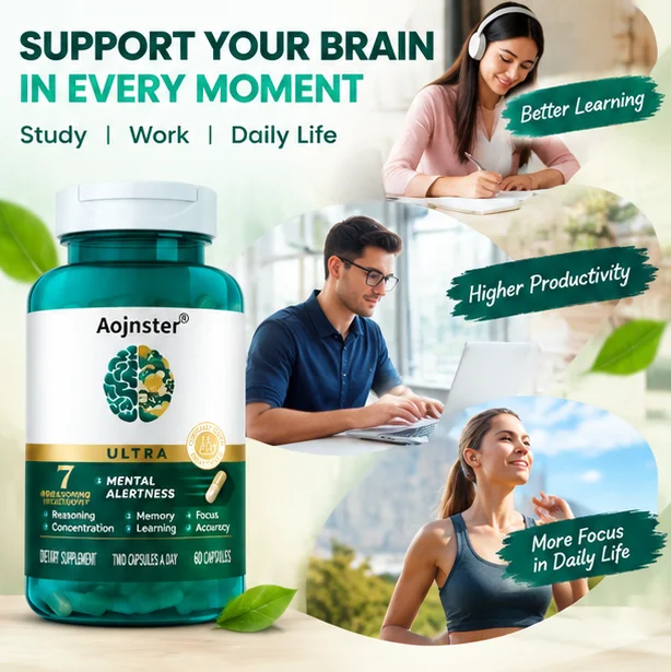 Easy-to-Swallow Brain Support Capsules, Multi-Nutrient Complex, Help Maintain Focus for Study & Work, Daily Supplement