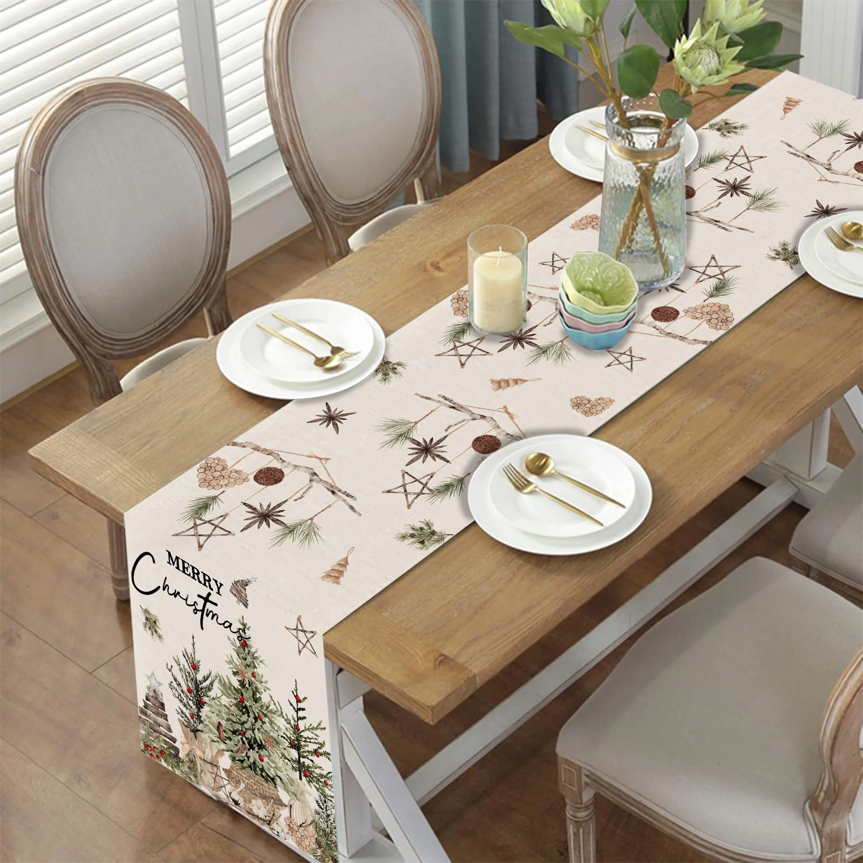 Christmas Tree Holly Berry Linen Table Runner Party Decor Winter Pine Needles Kitchen Dining Table Runners Christmas Decorations