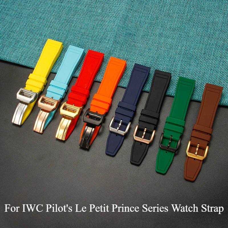 حزام ساعة رجالي مقاوم للعرق عديم الرائحة من المطاط الفلوري لساعة IWC Pilot's Le Petit Prince Mark إبرة بإبزيم قابل للطي