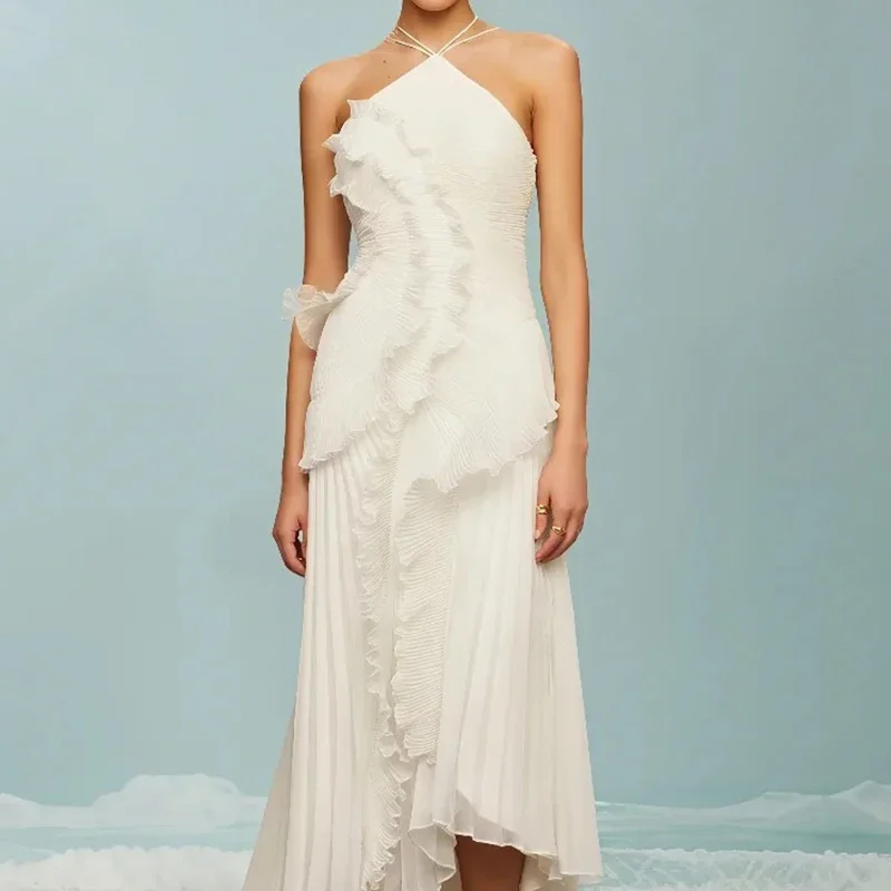 

Элегантное вечернее платье с бретельками на шее и оборками, трапециевидное платье со шнуровкой и открытой спиной, сексуальное вечернее платье, новый вечерний халат, пляжное платье