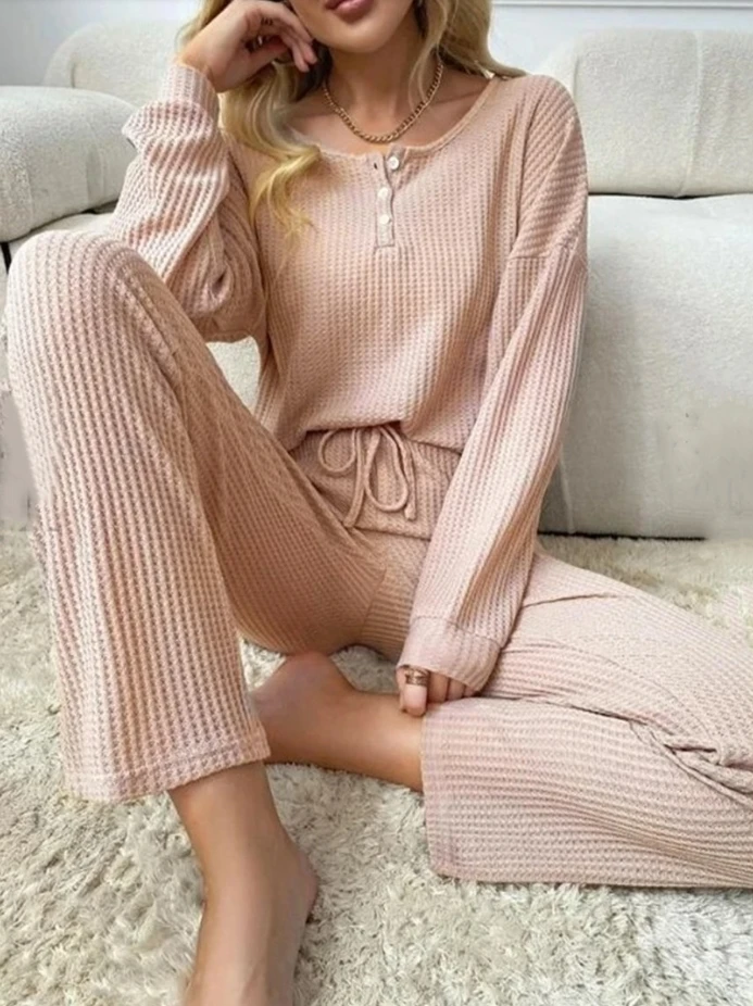 Womens Two Piece Sets Outfit Waffle Knit Top Tie Up Pants Pajama Set 2023 Autumn Winter Spring New Fashion Casual Home Suit