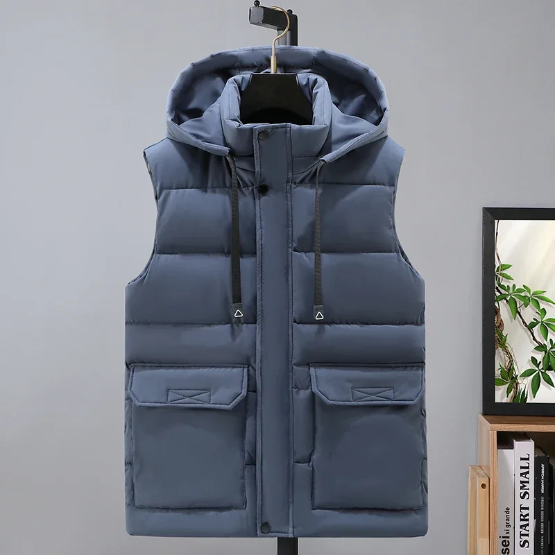 

Men's Padded Vest Glossy Vintage Multi Pocket Warm Sleeveless Men Jacket Fashion Hooded Casual Vest Men Autumn Thicken Waistcoat