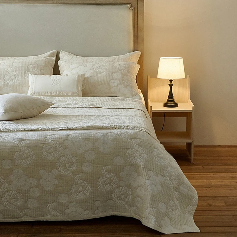 Bedspread On The Bed 80%Cotton+20%Linen Jacquard Double Bed Coverlet 48*74cm Pillowcase King Size Bed Cover 3Pcs Bedding Set