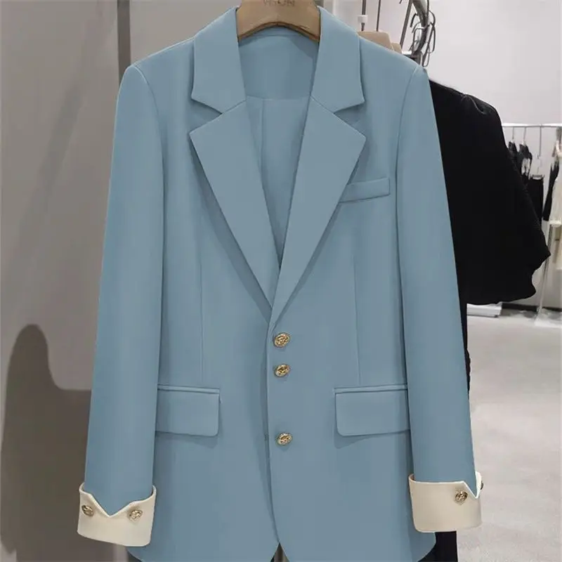 

Women's 2025 Single Breasted Color Block Korean Style Loose Fit Blazer Jacket Versatile Fashionable Spring Autumn Casual Wear