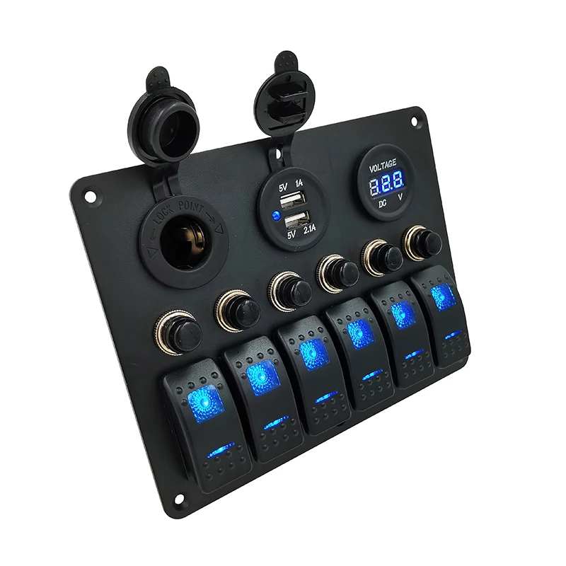 6 Gang Marine Boat Rocker Switch Panel Car Boat Blue Led 5Pin on off Toggle Switch Panel With Circuit Breaker