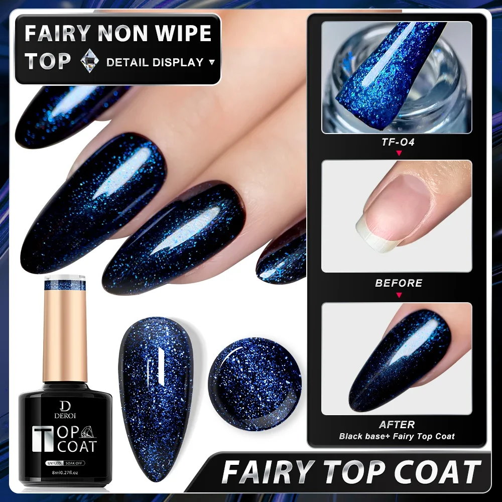 DEROI 8ml Glitter Geen Veeg Gel Top Coat Shine Topcoat Ultra Briljante Losweken Manicure Semi Permanente Matte nagellak Helder