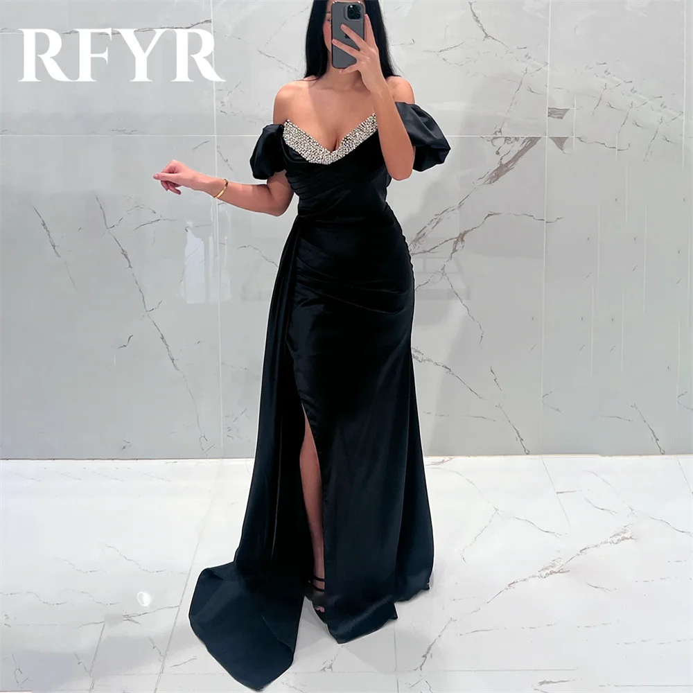 RFYR Simple Black A-Line Formal Dresses Stain Pleats Party Dress For Wedding Off The Shoulder Special Occasion Dress robe soirée