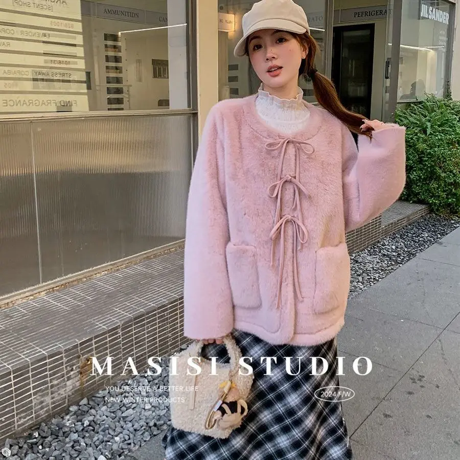 Large Loose Women Faux Mink Fur Jacket Sweet Bow Lace-up Front Soft Fuzzy Winter Coat Korean Fashion Girls Old Money Streetwear