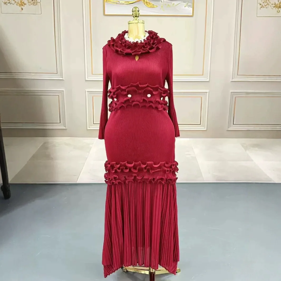 Miyake pleated solid color hand-cranked round-neck cake long skirt temperament large size versatile dress