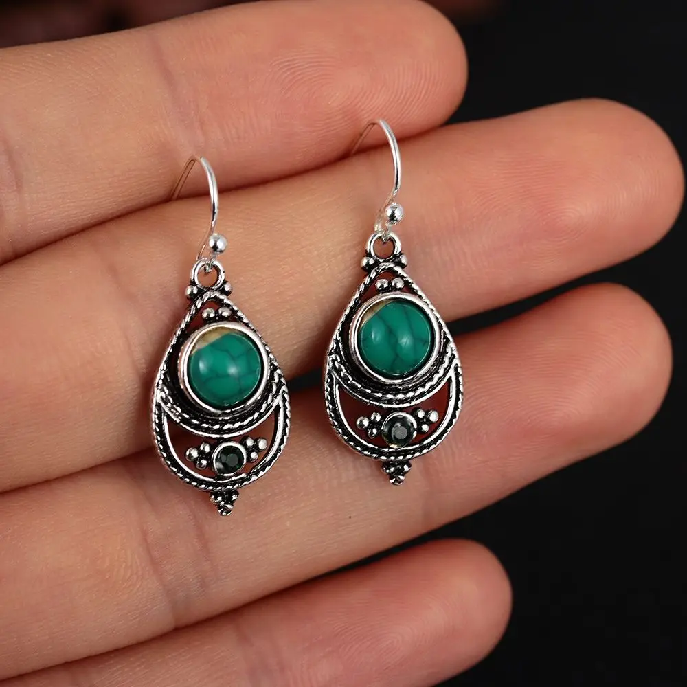 Boucles d'oreilles pendantes en argent 925 avec crochet pour femme, pierre précieuse naturelle, turquoise, bijoux fantaisie