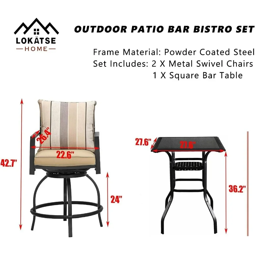 Patio Bar Height 2 Outdoor Swivel Chairs and 1 High Glass Top Table, 3 Piece Bistro Set, Beige