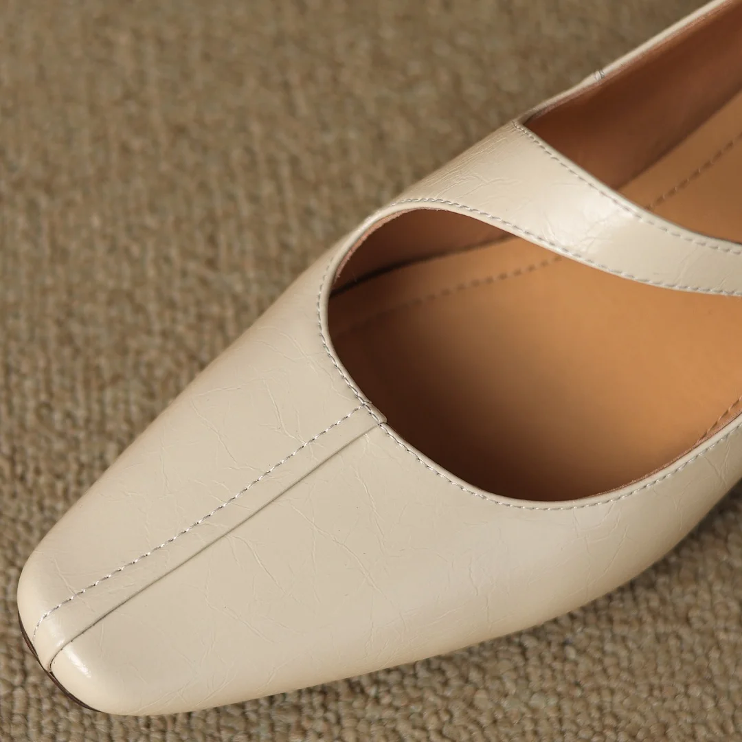 2025 Spring new women\'s genuine leather narrow band cross strap slip-on pumps elegant ladies square toe OL style heeled shoes