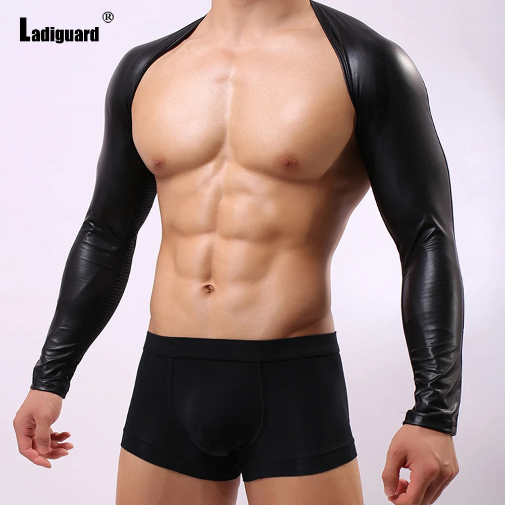 Sexy Faux Pu Leather Shirts Clothing 2022 Summer New Hot Wetlook T-shirt Long Sleeve Men Fetish Crop Tops Latex Erotic Costume