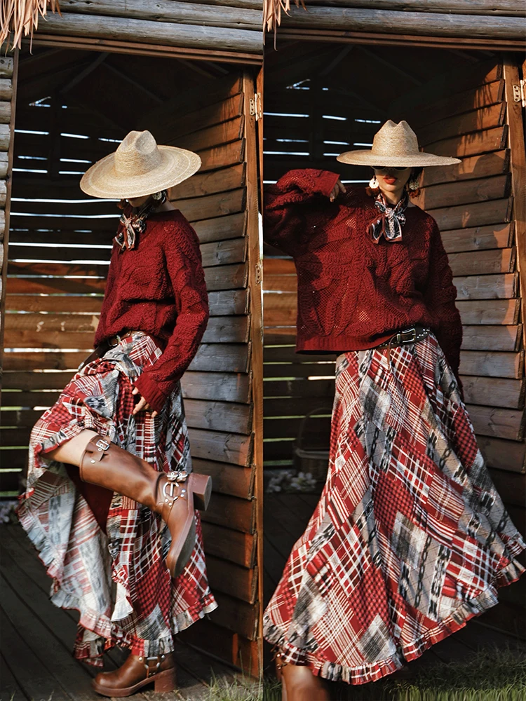 TIYIHAILEY-Dames Lange Maxi Rok Elastische Taille Laag Plaid Gedrukt Mode 2025, Nieuwe Dames Onregelmatige Herfst Winter Rokken
