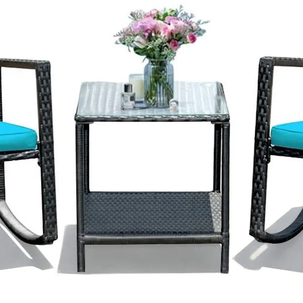 

Turquoise Outdoor Wicker Rocking Bistro Set with Cushioned Seats, Glass Coffee Table, and Storage Shelf