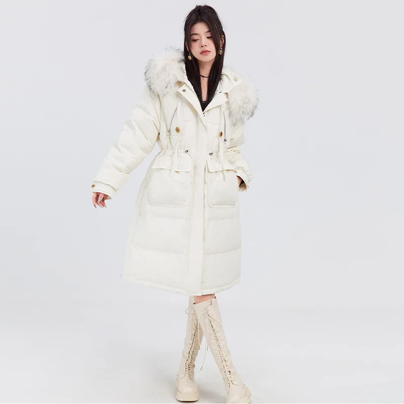 

2024 New Down Jacket Women Real Raccoon Fur Collar Long Oversized Fashion Parkas Thick Warm Adjustable Waist Coat Snow Outwear