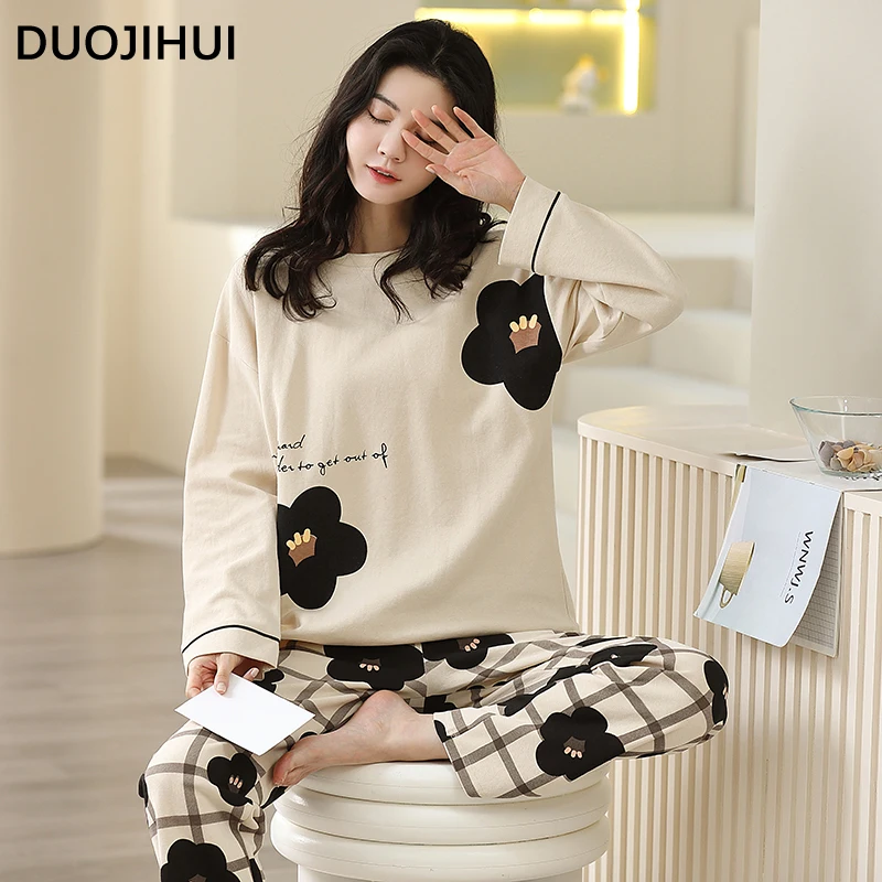 DUOJIHUI Classic O-neck Pullover Loose Pant Female Sleepwear Fashion Floral Printed Simple Casual Autumn New Women's Pajamas Set