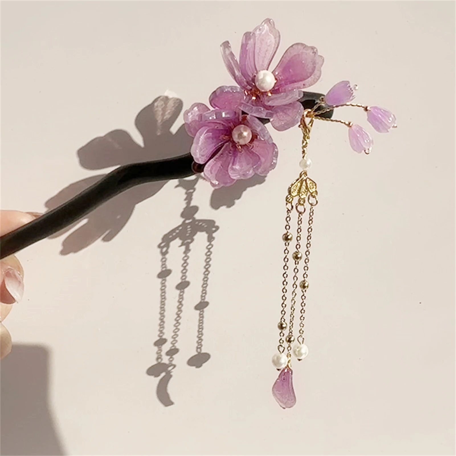 

Purple Flower Hairpins Handmade Wooden Hair Sticks Forks Chinese Hair Jewelry Long Tassel Headpieces Women Girls Hair Bun Maker