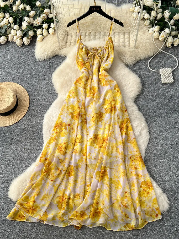 

2026 New Summer Women Vacation V-Neck Sleeveless Dress Bandage Bow Floral Printing High Waist A-line Long Strap Dress
