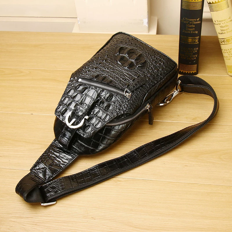Bolso de pecho con patrón de cocodrilo para hombre, bolso de cuero genuino con correa Diagonal, bolso de pecho al aire libre, bolso de moda para