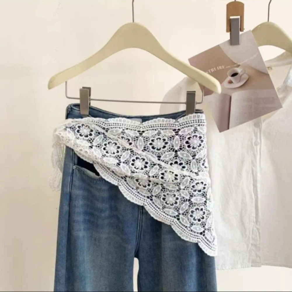 

Trendy Lace Trim Fart Curtain Slim Fit Hollowed-out Mini Skirt Y2K Pretty Apron Wrap Skirt Summer
