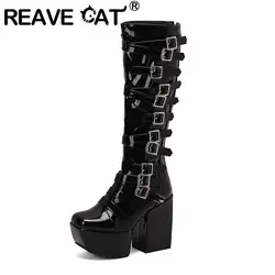 REAVE CAT Women Knee High Boots Toe Chunky Heels 12cm Platform Hill 6cm Size 47 48