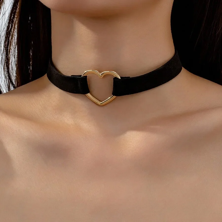 Black Velvet Choker with Gold Heart Pendant for Women
