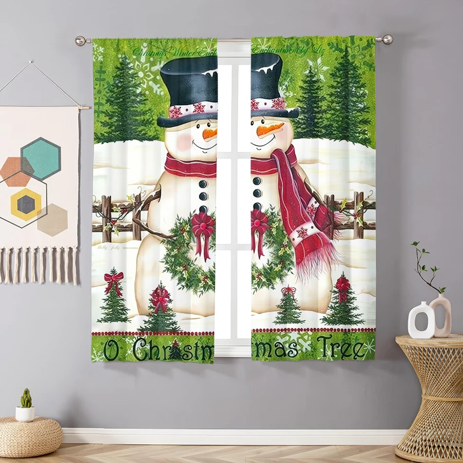 2PCS Christmas Curtains, Two Snowmen Wreaths, Digital Print, Bedroom Living Room Kitchen, Rod Pocket Polyester, Home Decor