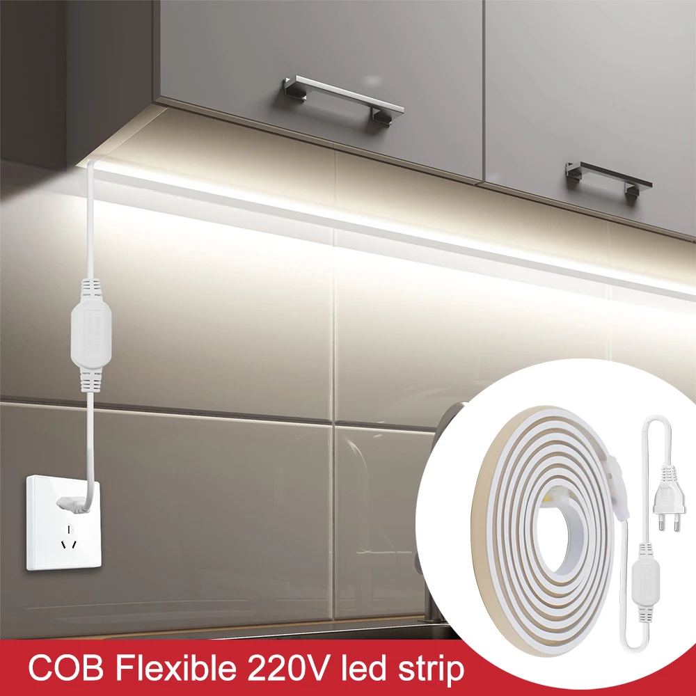 220V COB LED Neon Light Strip With Adhesive Tape 10M 20M 30M 288Leds/M IP65 Soft Cuttable Ribbon Kitchen Home Linear Lighting