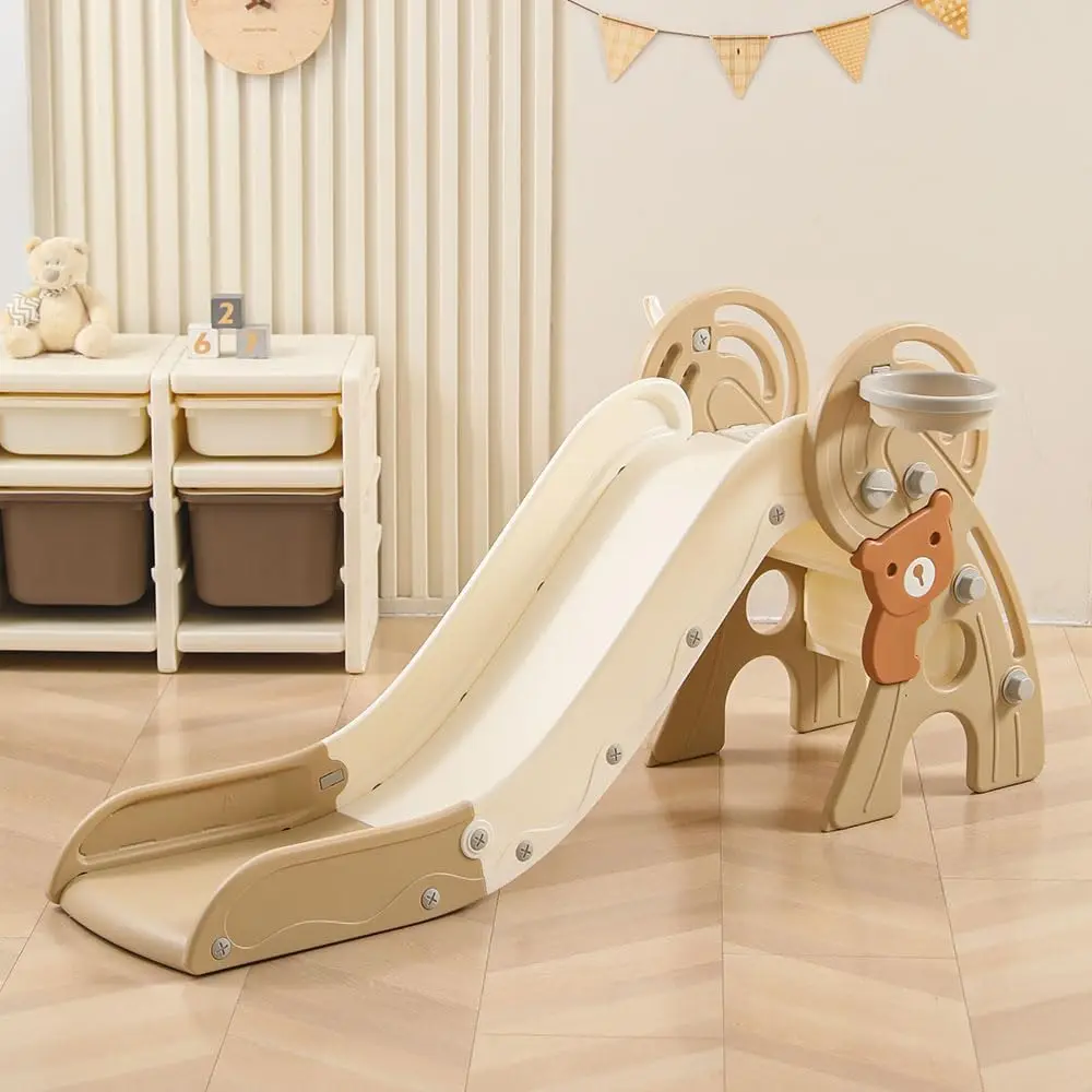 4 in 1 Toddler Slide,Freestanding Kid Slides,Baby Plastic Foldable Slides with Basketball Hoop and Ball,Indoor and Outdoor Toddl