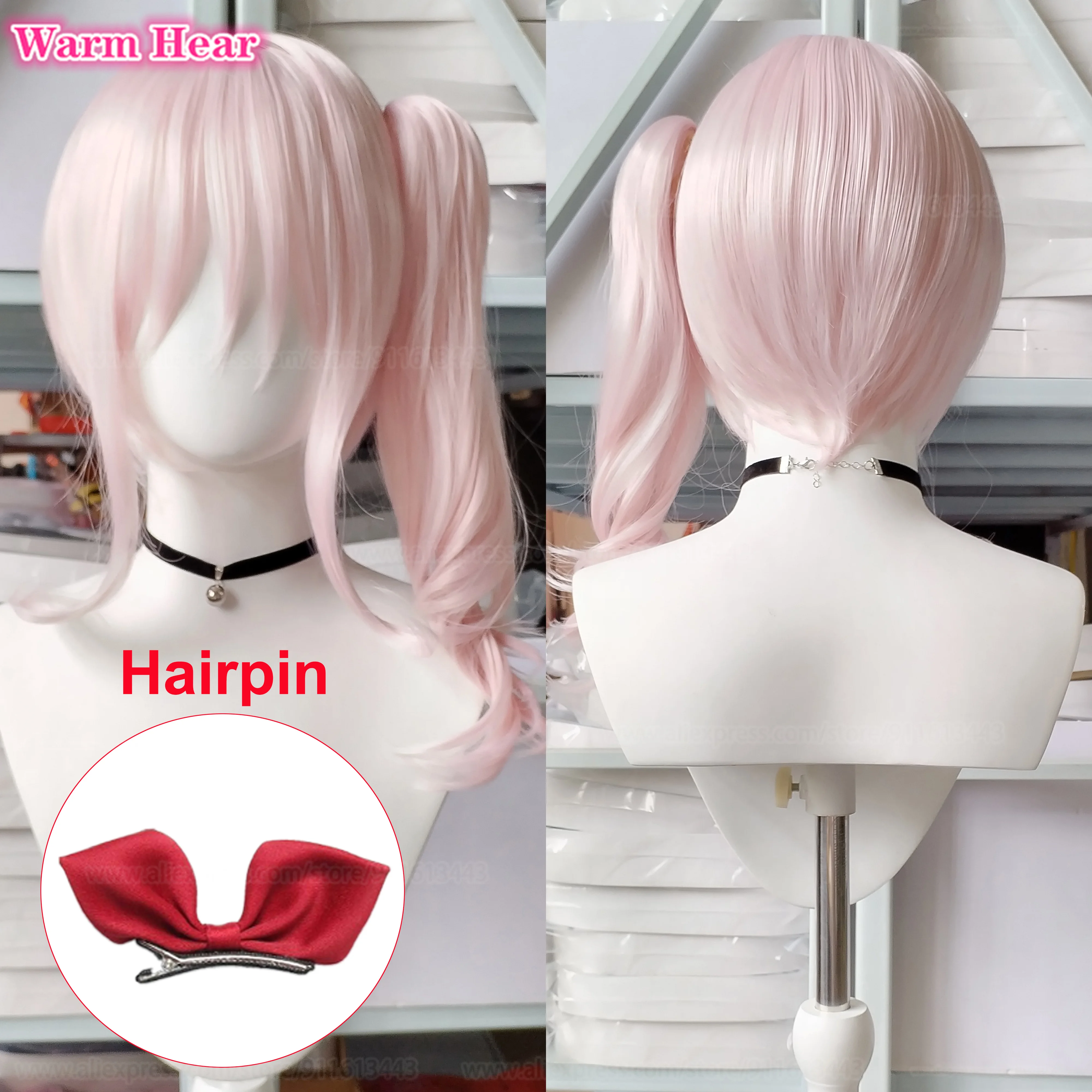 Anime Akiyama Mizuki Synthetic Hair Long Pink Curly Ponytail Clip Cosplay Wig Heat Resistant Hair Halloween Party Wigs + Wig Cap