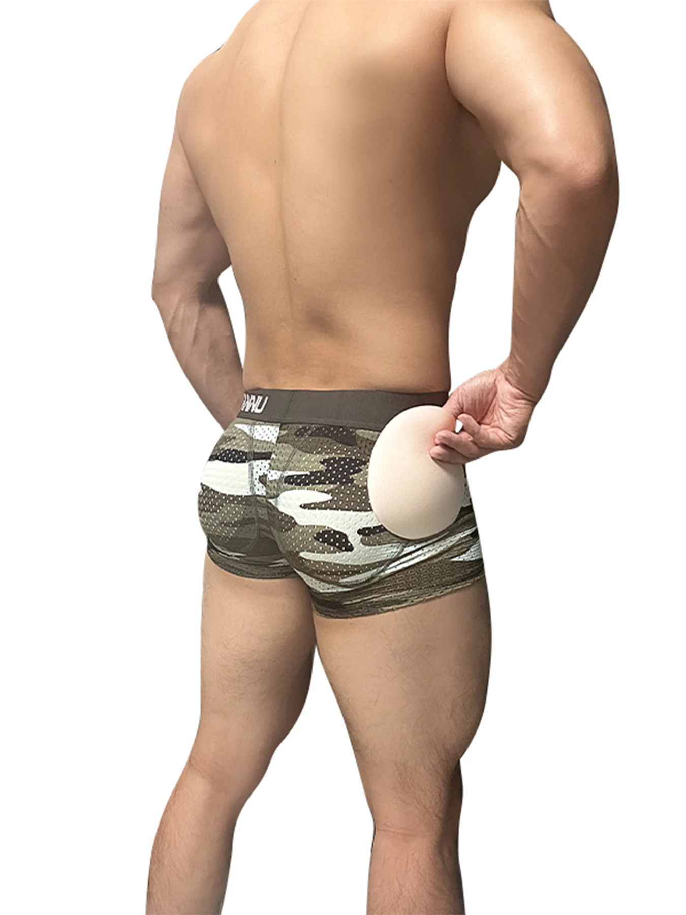 Men's Boxers Hip Raise Sexy Underwear Camouflage Sports Breathable Mesh Hip Pad Boxer Fake Ass Hips Shorts Plus Hip Pad Trunks M