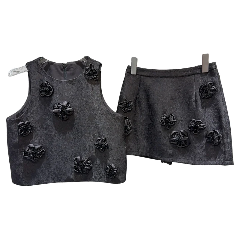 Faionable été 2025 broderie florale Satin gilet et jupe ensemble femmes ort Sve rond Ne deux pièces costume français Sle