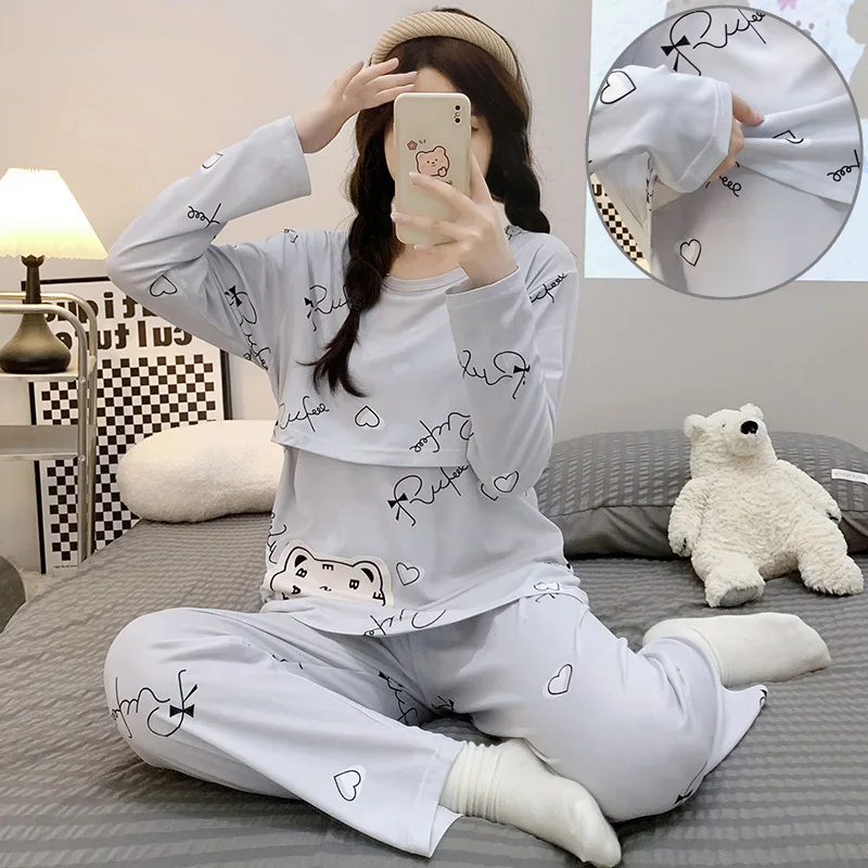 2024 Autumn Postpartum Woman Breastfeeding Clothes Set Long Sleeve Lactation Top+pants Twinset Maternity Nursing Pajamas Sets