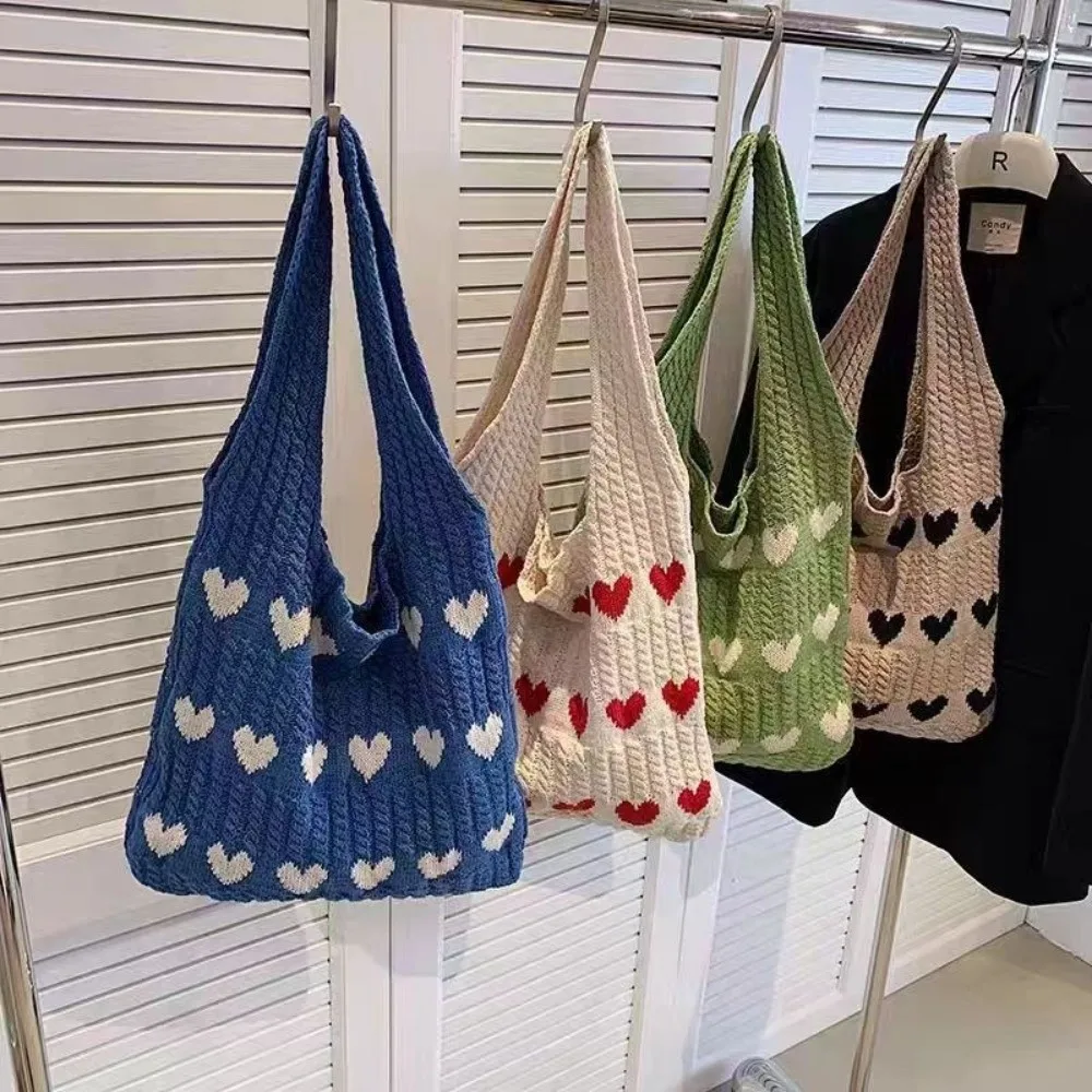 Hollow Out Knit Knitted Tote Bag Heart Pattern Wide Shoulder Strap Shoulder Bag Open Top Lightweight Feel Handbag