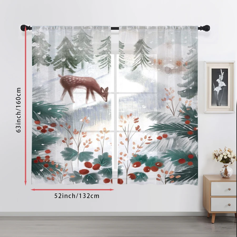 2PCS Sheer Curtains Watercolor Forest Deer Pine Berry Print, Window Voile Panels for Bedroom Living Room Christmas Decor