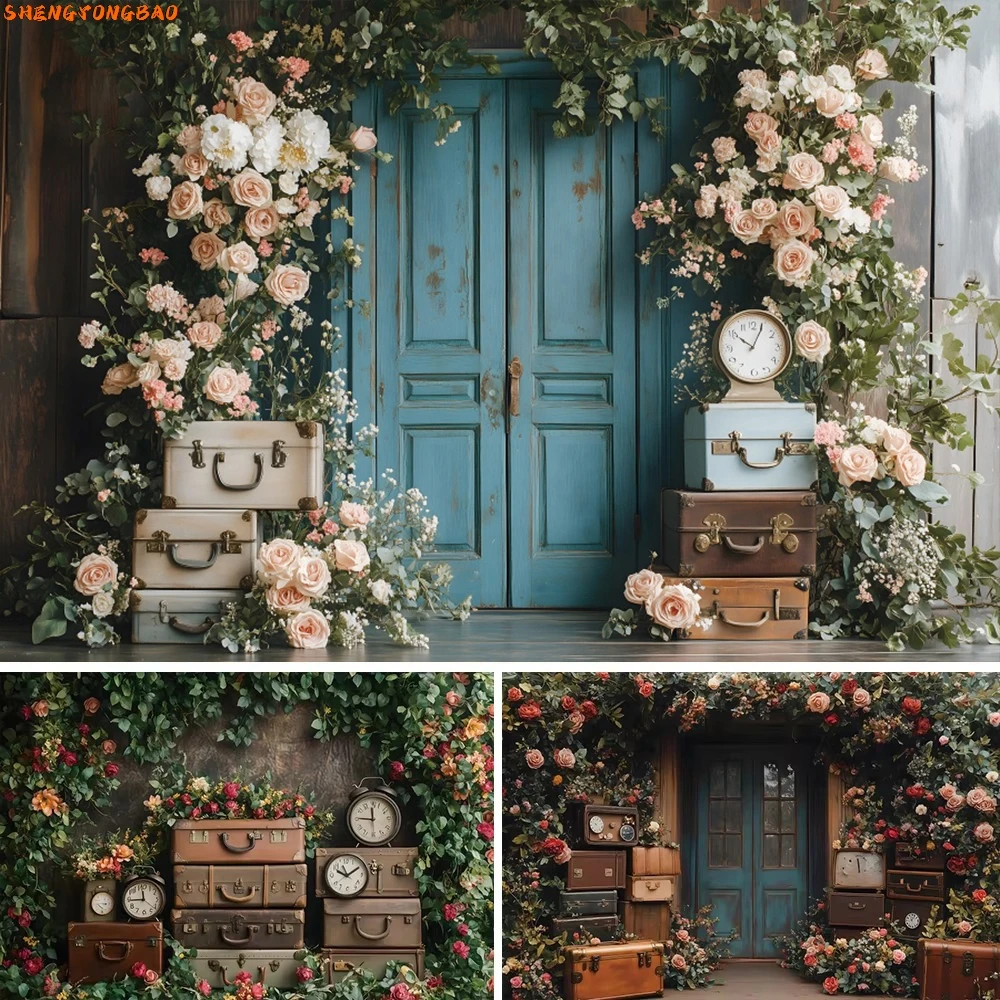 

Spring Flower Easter Backdrop Vintage Wooden Wall Pink Floral Suitcases Clock Bridal Shower Wedding Party Photography Background