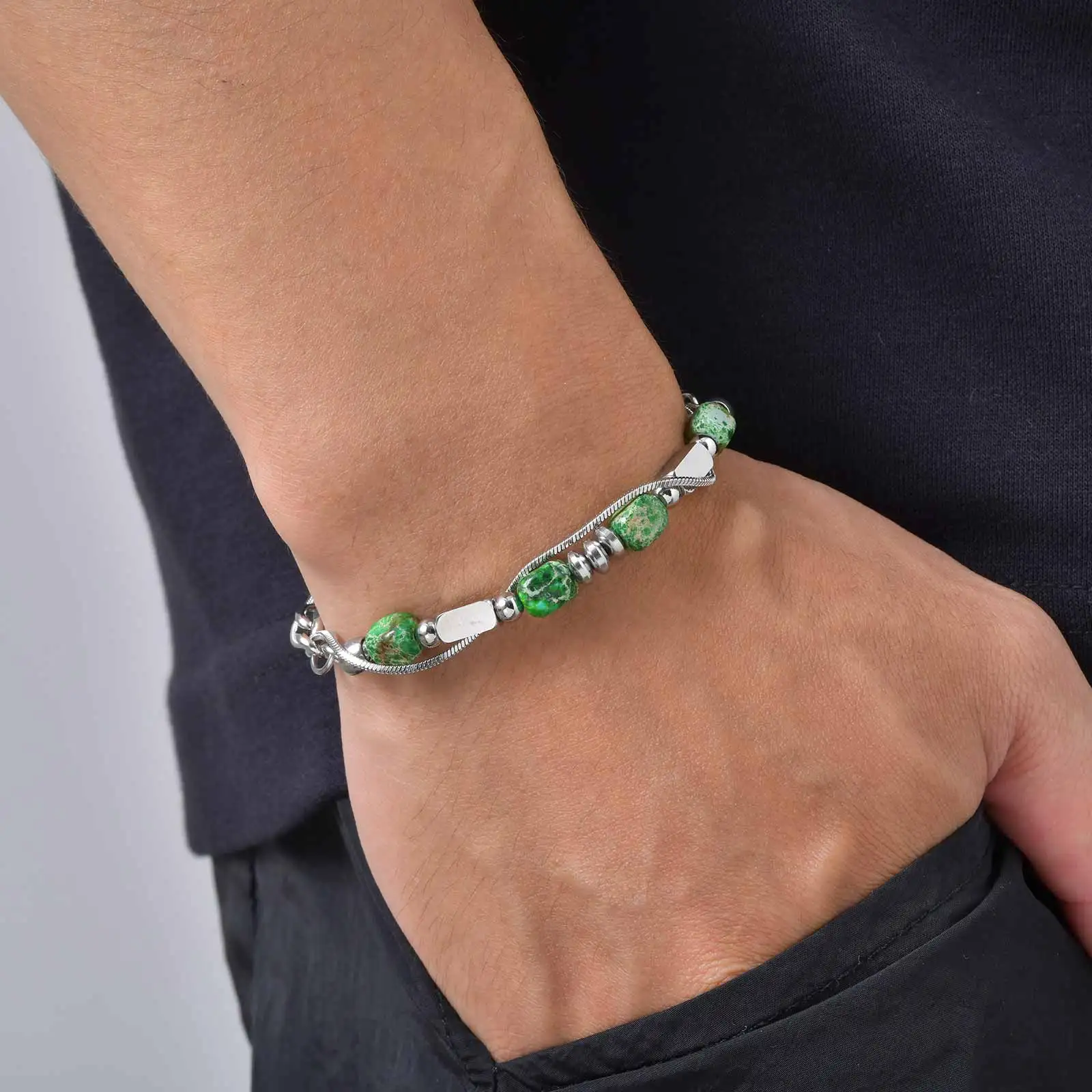 Vnox Naturstein-Perlenarmband für Herren, Edelstahl-Mehrschichtkette, Tigerauge, Obsidian, verstellbarer Armschmuck, Geschenk – Detail 7