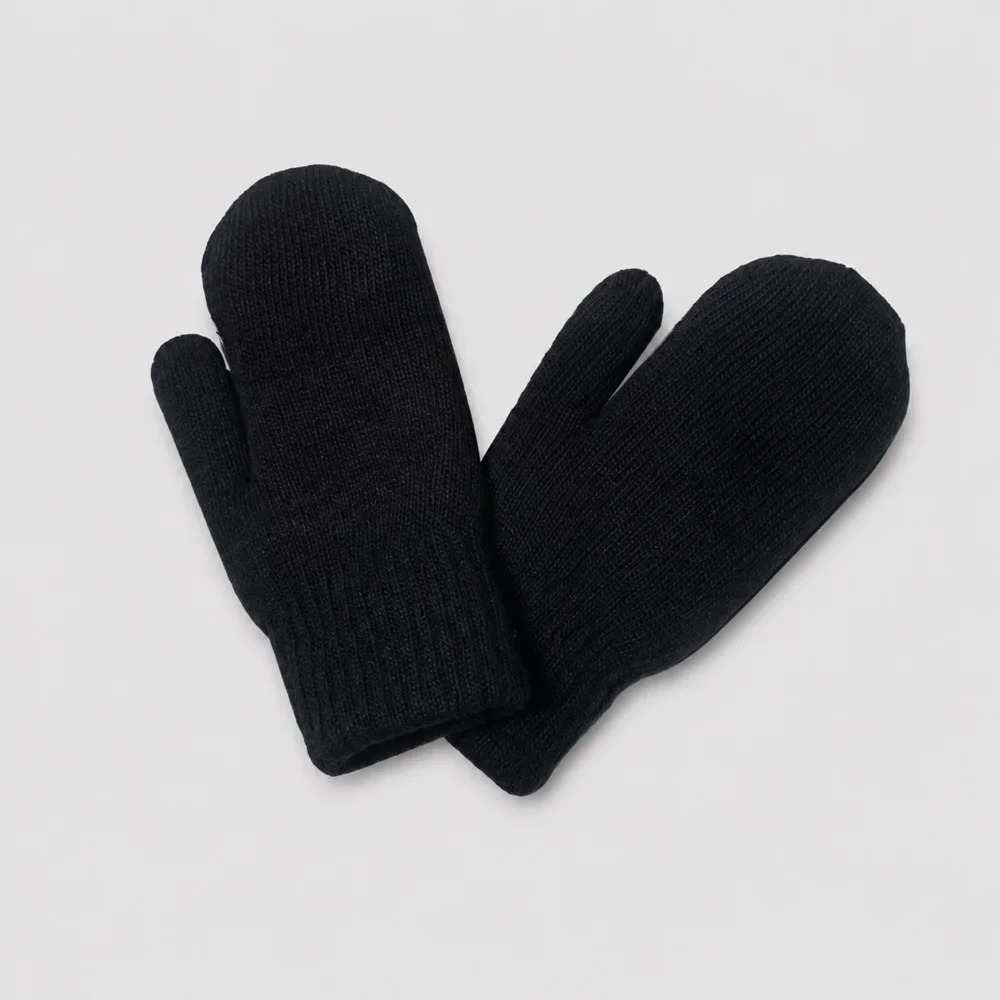 Double Layer Black Knitted Winter Mittens one size matching pair cold gloves weather warm knit handwear outdoor commuting daily