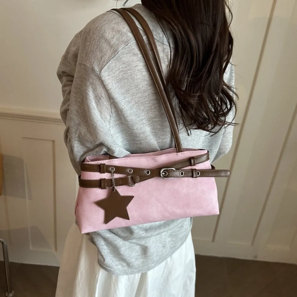 Vintage Tie-Dye Y2K Shoulder Bag With Metal Buckle Belt Star Pendant Women Handbag Solid Color Korean Style Underarm Bag Women