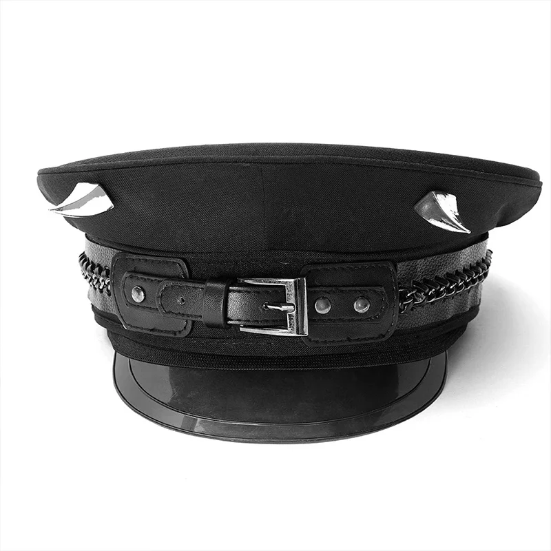 PUNK RAVE Men\'s Punk Handsome Military Hat Cool Pu Leather Buckles Demon Corner Nail Decorated Stage Performance Party Cap