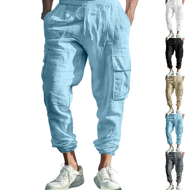 

cross-border cotton and linen tied feet multi-pocket tether solid color loose drawstring trousers