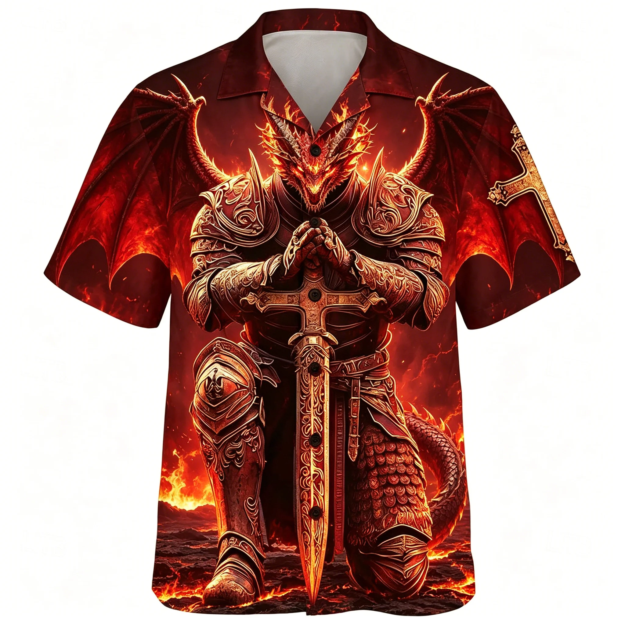 

Men's Flame Dragon Knight Print Short Sleeve Shirt Fantasy Armor Sword Graphic Casual Cuban Collar Top for Spring & Summer