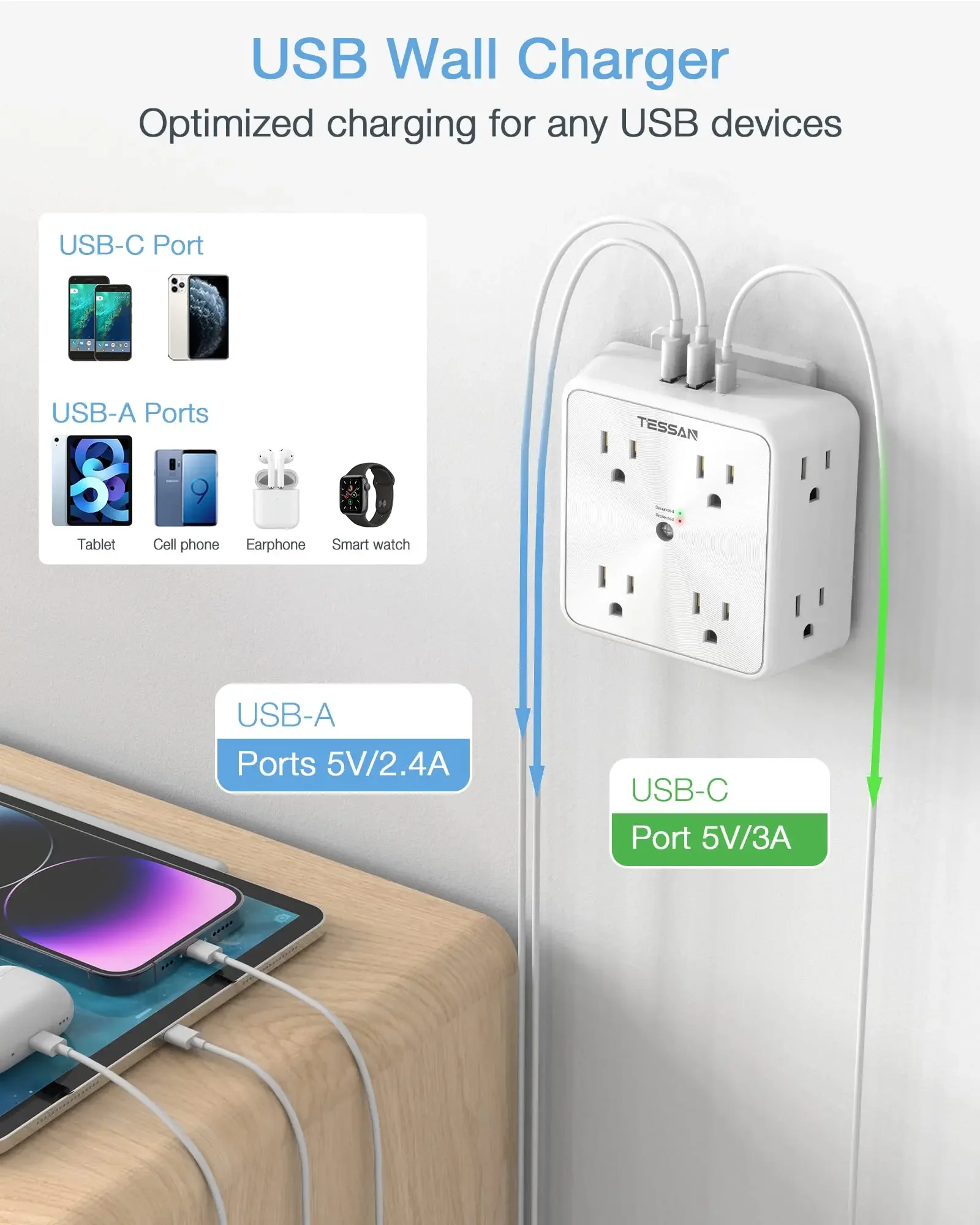 TESSAN US Wall Socket Extender with 8 AC Outlets and 3 USB Ports (1 USB C) Power Strip Adapter Overload Protection for Home