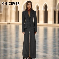 CHICEVER Solid Two Piece Sets For Women Notched Collar Long Sleeve Irregular Blazer High Waist Wide Leg Pants Vintage Set Female