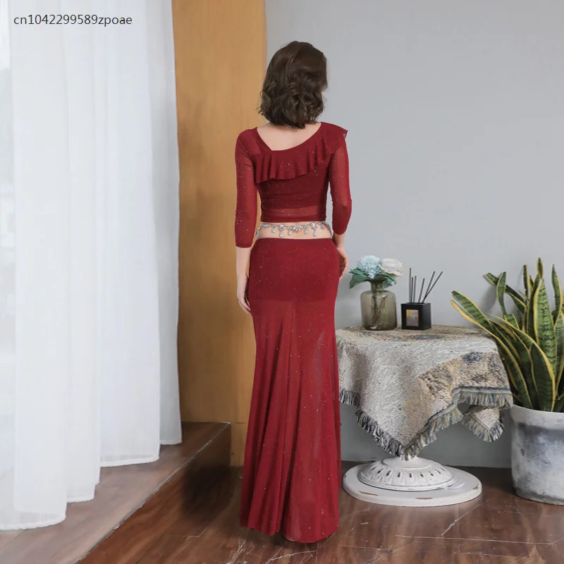 Neue orientalische Bauchtanz Praxis tragen Rock für Anfänger Pailletten Mesh sexy Single Slit langen Rock für Frauen Kleid 2024