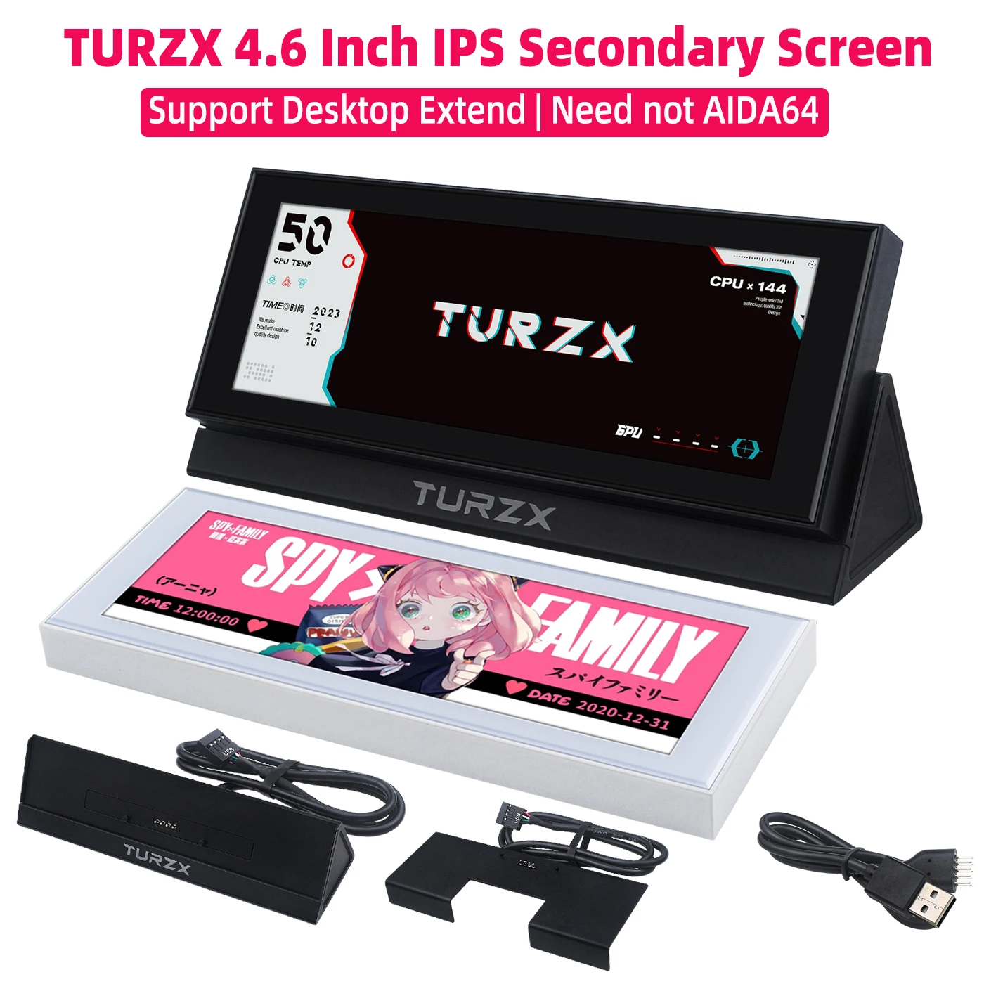 TURZX 4.6 Inch USB Display 960x320 LCD IPS Secondary Screen Suport Desktop Extend Mode PC Chassis Monitor Without AIDA64