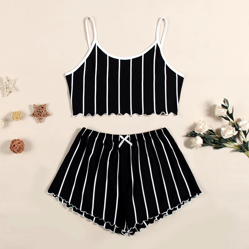 Fashionable And Sexy Home Casual Striped Shorts + Vest Pajamas Two-Piece Set For Women