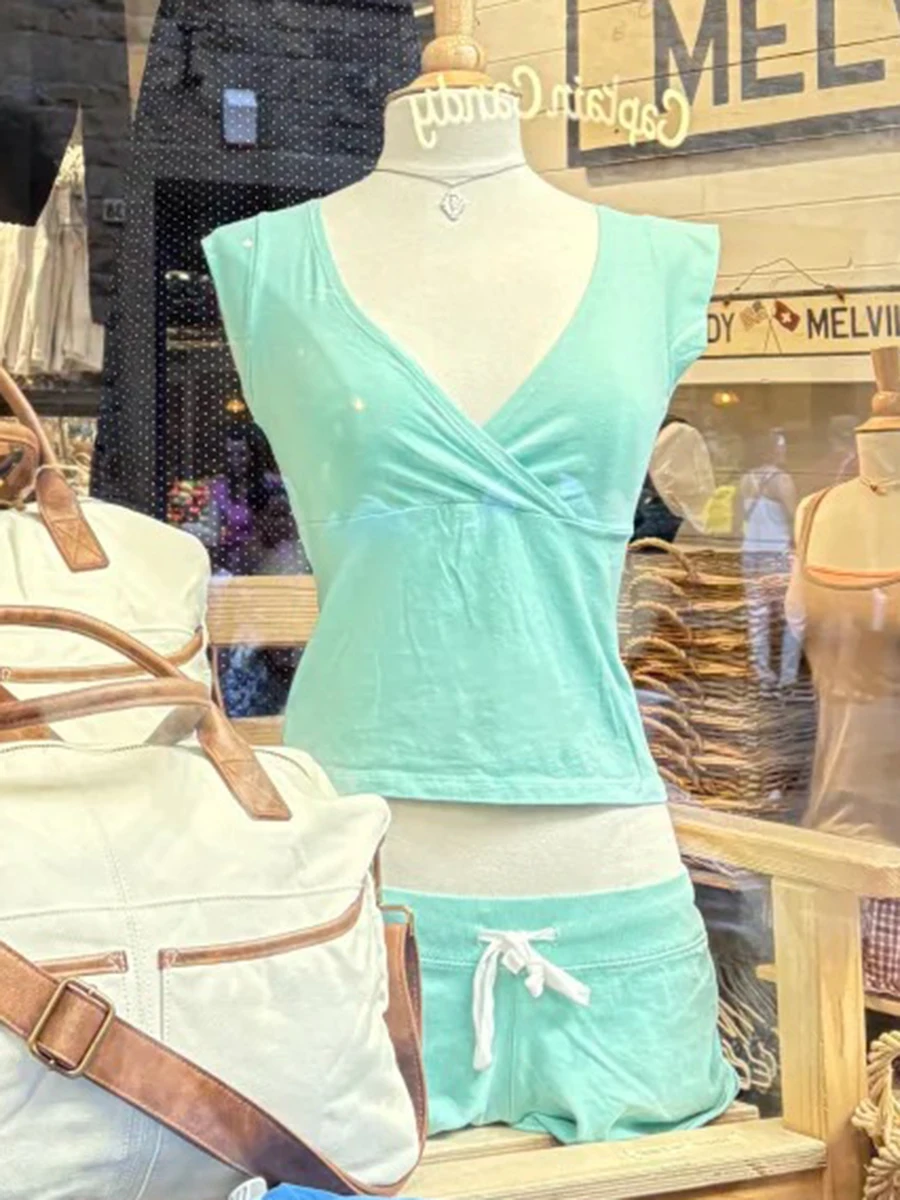Mint Green V-neck Tank Tops Women Summer Y2K Simple Basic Slim Cotton Sleeveless T-shirts Female Sweet Cute Streetwear Vests
