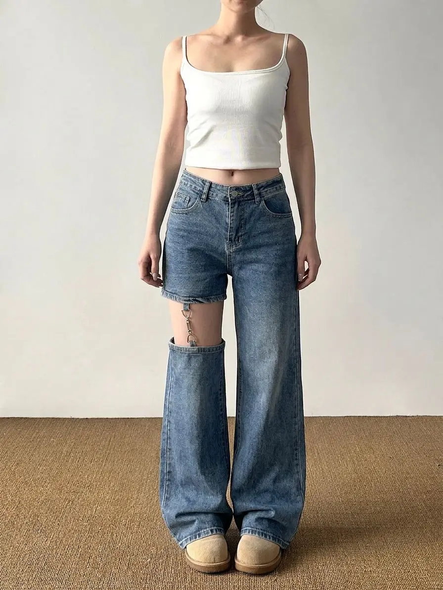 Removable Leg Cover Design Retro Sexy Micro-pull Jeans Women's Loose Baggy Jeans